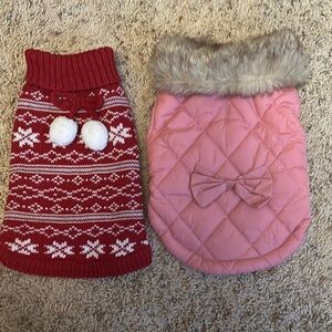 Red and Pink Dog Sweaters with Snowflake and Bow Designs
